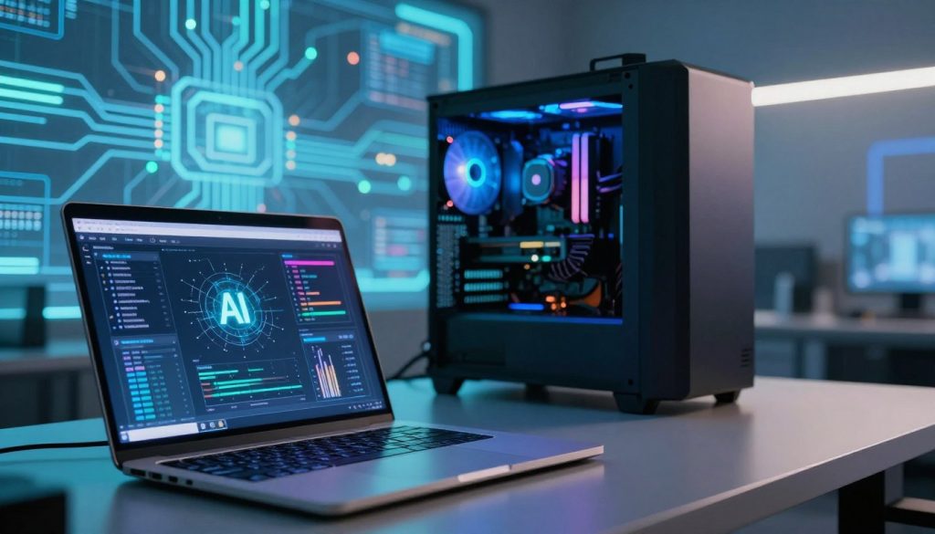 A futuristic workspace showcasing local AI acceleration technology. In the foreground, a sleek, high-end laptop with an illuminated keyboard displays dynamic graphs and AI algorithms, reflecting an active system. The middle layer features a contemporary gaming PC with visible, glowing internals, emphasizing its powerful hardware capabilities. In the background, an abstract digital landscape of circuits and data streams represents the virtual realm of artificial intelligence. Soft blue and green lighting enhances the technological mood, with a slight lens flare effect for dynamism. The atmosphere should evoke innovation and excitement, suggesting a cutting-edge revolution in hardware. No people are present, ensuring a focus on the technology itself.