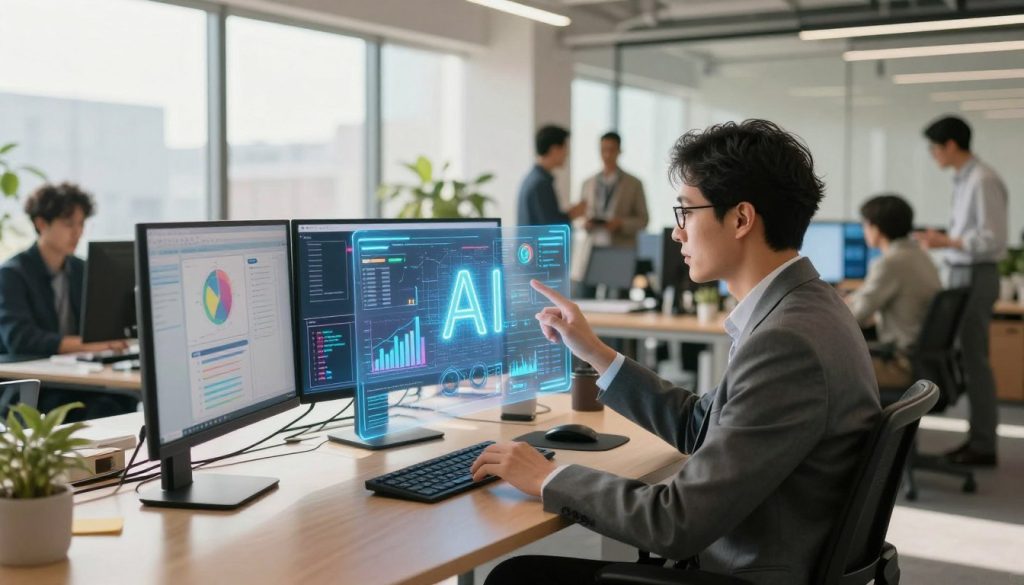 A modern, sleek office environment filled with bright, natural light streaming through large windows. In the foreground, a professional individual in business attire interacts with an advanced AI interface projected holographically in front of them, showcasing graphs and data visuals. The middle ground features a high-tech workstation equipped with multiple screens displaying various KPIs and productivity tools, emphasizing the integration of technology. The background reveals a collaborative space with diverse colleagues engaged in discussion, embodying a team-centric atmosphere. The scene is serene yet dynamic, with a warm color palette that conveys innovation and optimism, captured with a soft focus lens to enhance the feeling of depth and engagement in the workspace.