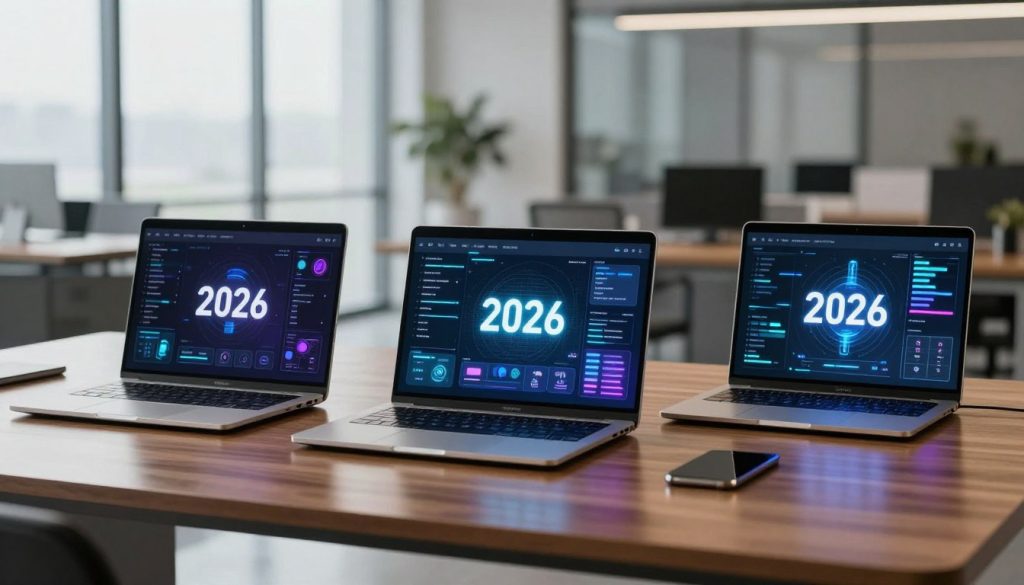 A modern, sleek workspace featuring three high-end laptops side by side, representing the latest in AI technology for 2026. In the foreground, the laptops are open, displaying vibrant, futuristic user interfaces that highlight their capabilities. In the middle ground, a stylish desk made of polished wood has subtle lighting reflecting off its surface, with a few tech gadgets scattered around. The background is softly blurred, showcasing a contemporary office environment with large windows letting in natural light. The atmosphere is bright and innovative, evoking a sense of advanced technology and productivity. The image captures a sense of competition, elegance, and professionalism in the tech world of 2026.