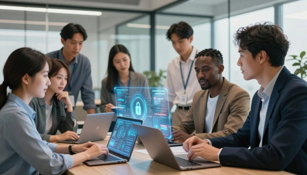 A professional office environment that showcases data privacy and security in artificial intelligence solutions. In the foreground, a diverse team of business professionals, dressed in smart casual attire, examines a holographic interface displaying encrypted data visualizations. The middle ground features high-tech devices like laptops and tablets with visible security icons, emphasizing the theme of Datenschutz. The background reveals an office space with glass walls, allowing soft natural light to illuminate the scene, creating a bright and inviting atmosphere. Use a slight tilt-angle view to add depth, with a warm color palette to evoke a sense of trust and collaboration. The overall mood should be one of innovation and security in a dynamic workplace setting.