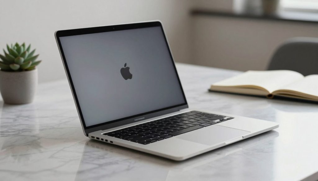 A sleek Apple MacBook Pro featuring the M5 Pro Chip positioned on a marble surface, glimmering under soft, natural light that casts gentle reflections. The device is slightly angled to showcase its elegant, thin profile and futuristic design, with the iconic Apple logo subtly illuminated. In the background, a minimalist workspace is visible, including a potted succulent and an open notebook, enhancing the sophisticated and modern atmosphere. The focus is sharp on the MacBook, highlighting its polished aluminum finish and high-resolution display, while the background softly blurs to draw attention to the laptop. Capture the essence of innovation and professionalism, evoking a mood of creativity and high performance.