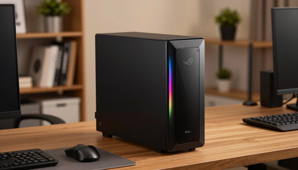 A sleek and compact ASUS ROG NUC desktop PC sits prominently in the foreground, showcasing its modern, minimalistic design with smooth edges and a glossy black finish. The device is illuminated by soft, dynamic RGB lighting that highlights its contours, creating an elegant and futuristic look. In the middle ground, a stylish wooden desk enhances the setting, with scattered tech gadgets like a mouse and a keyboard for context. The background features a cozy, well-lit home office environment with a bookshelf filled with tech literature and a potted plant adding a touch of green. The lighting is warm and inviting, evoking a sense of productivity and creativity. Capture the scene from a slightly elevated angle to emphasize the compactness of the PC while maintaining a professional atmosphere without any distractions.