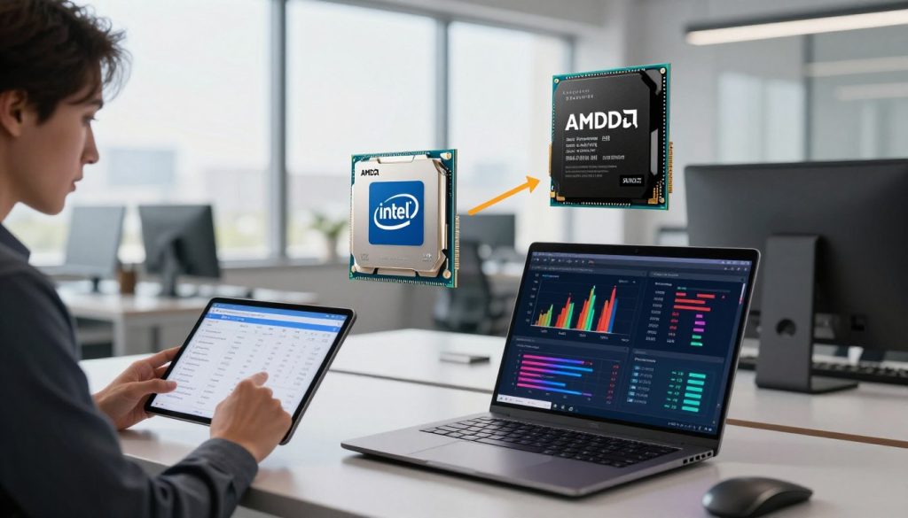A sleek, modern workspace showcasing a high-tech comparison of processors. In the foreground, a detailed, open laptop displays a split screen with colorful graphs and charts comparing various PC processors. To the left, a professional individual in business attire intently examines specifications on a tablet. In the middle layer, two distinct processors are prominently featured, one from Intel and another from AMD, with clear labels and technical features visualized in infographics. The background consists of a blurred office setting with bright, natural lighting streaming through large windows, creating an atmosphere of productivity and innovation. The image feels dynamic and informative, with a focus on technology and professionalism.
